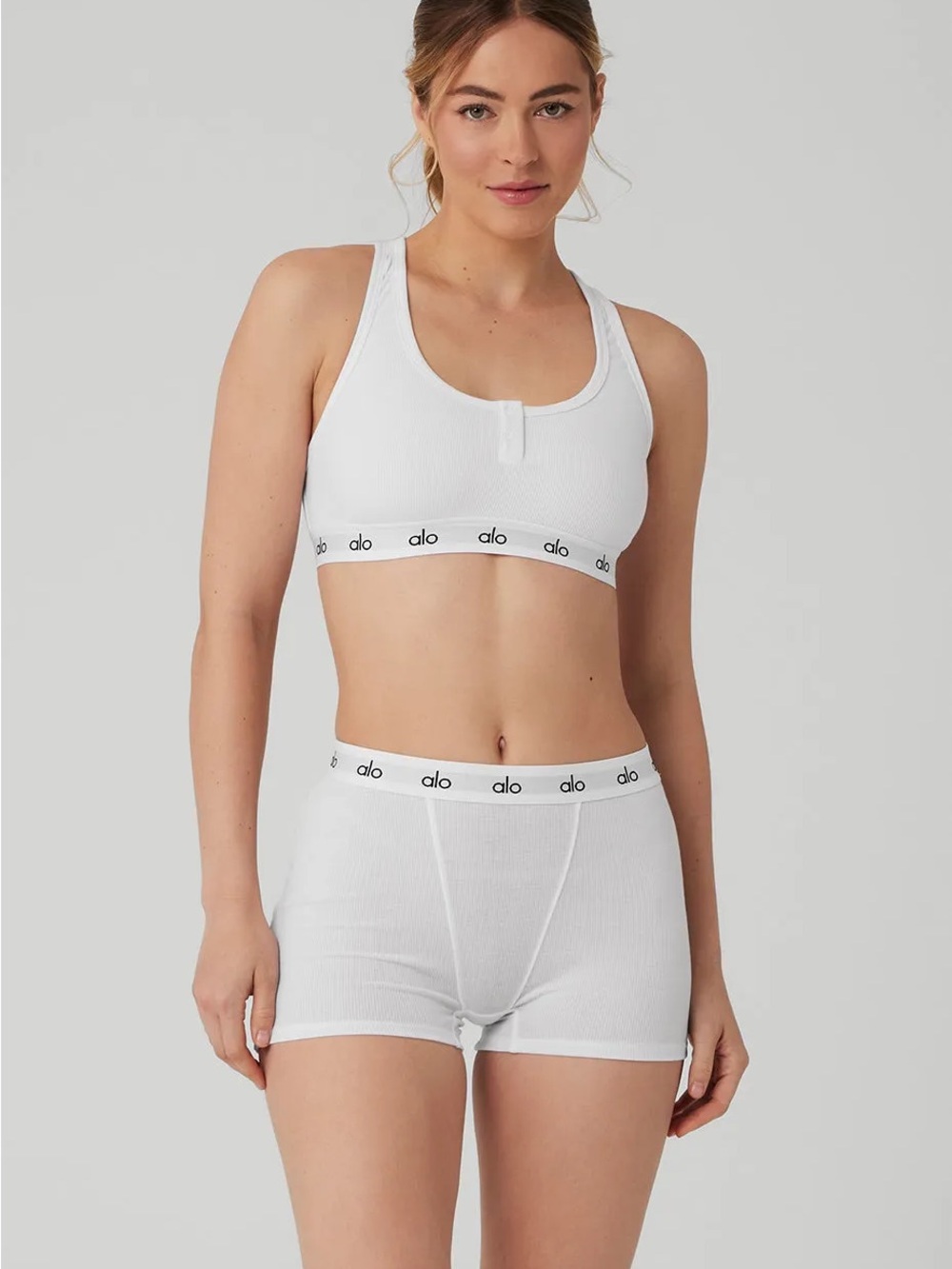ALO Yoga White Ribbed Scoop Neck Sports Bra